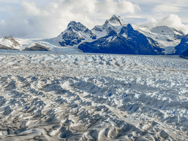 Close-up view of Perito Moreno Glacier's textured ice surface and crevasses in Los Glaciares National Park