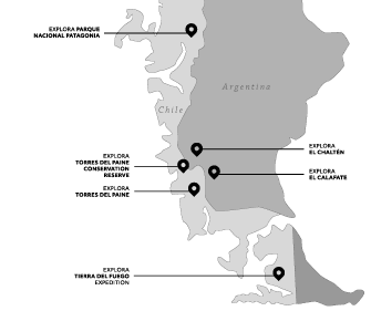 Map showing key travel destinations in Chilean Patagonia including Torres del Paine, Tierra del Fuego, and Carretera Austral